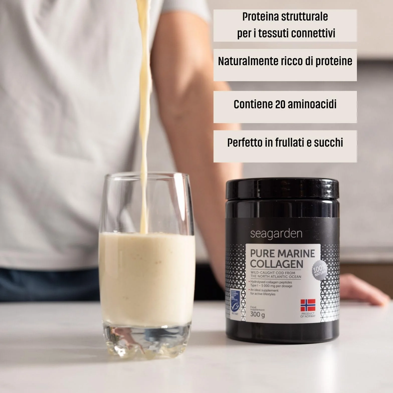 Seagarden Collagene Marino in Polvere 5000mg Integratore Capelli Pelle Ossa Articolazioni Non Aromatizzato 300g 60 porzioni