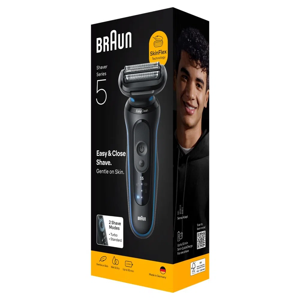 Braun Series 5 52-B1000s - Rasoio elettrico da uomo, con durata della batteria di 50 minuti, rasoio senza fili da uomo, impermeabile, prodotto in Germania, colore: blu
