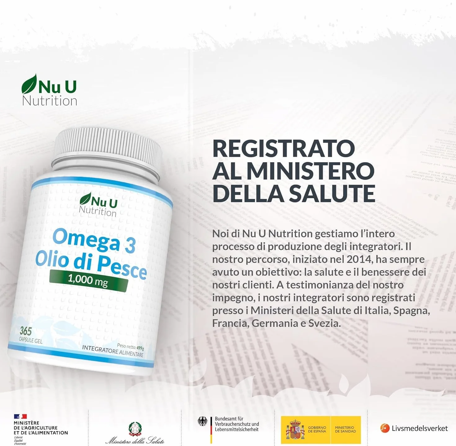 Nu U Nutrition Omega 3 Olio di Pesce 1000mg TG 365 Capsule Softgels EPA DHA