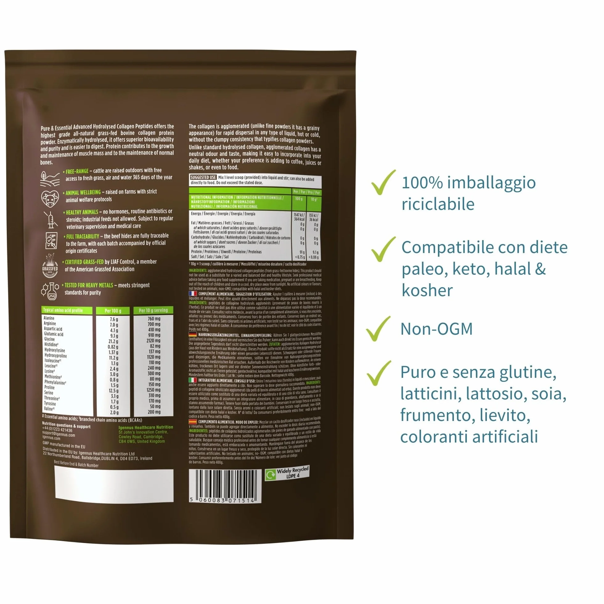 Igennus Collagene Idrolizzato Bovini Allevati ad Erba 400gr Polvere Non Aromatizzato Non-OGM 40 porzioni