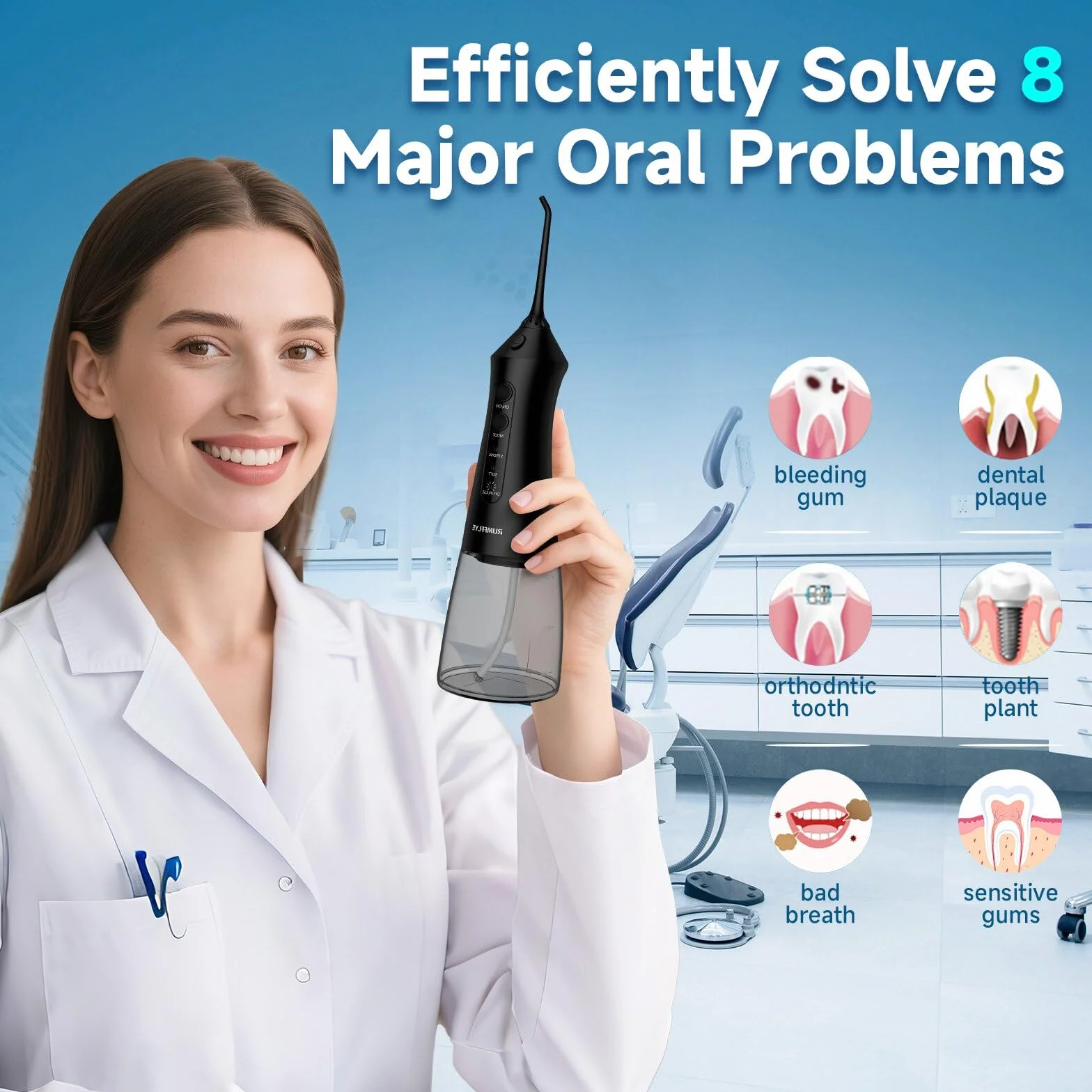 Idropulsore Dentale Portatile Irrigatore Orale Professionale Water Flosser 12 Modalità 300ML Ricaricabile Impermeabile IPX7 Nero