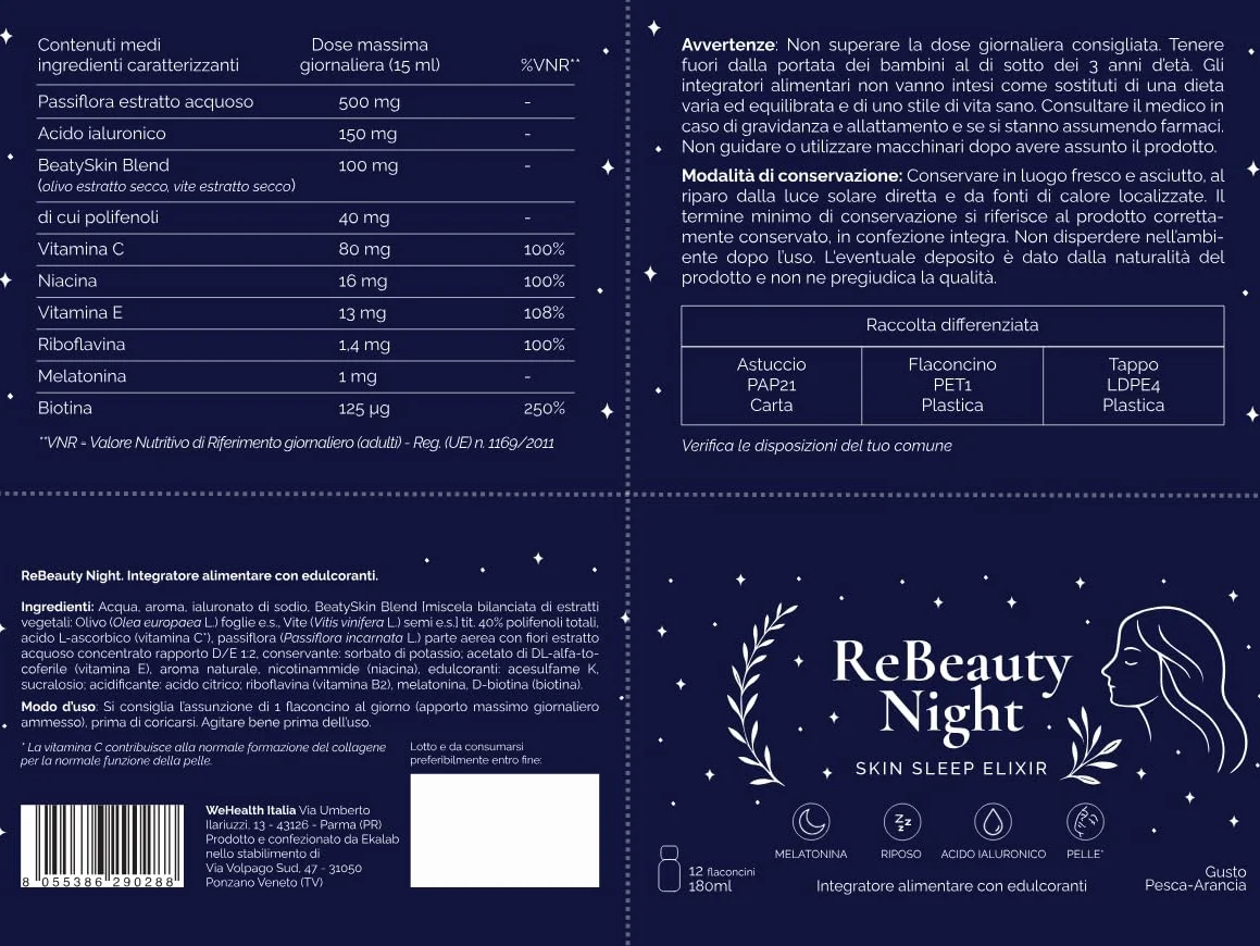 ReBeauty Night Trattamento Anti-Età Sonno Profondo Antirughe Integratore Notte con Acido Ialuronico Melatonina Vitamine 12 Flaconcini 15ml