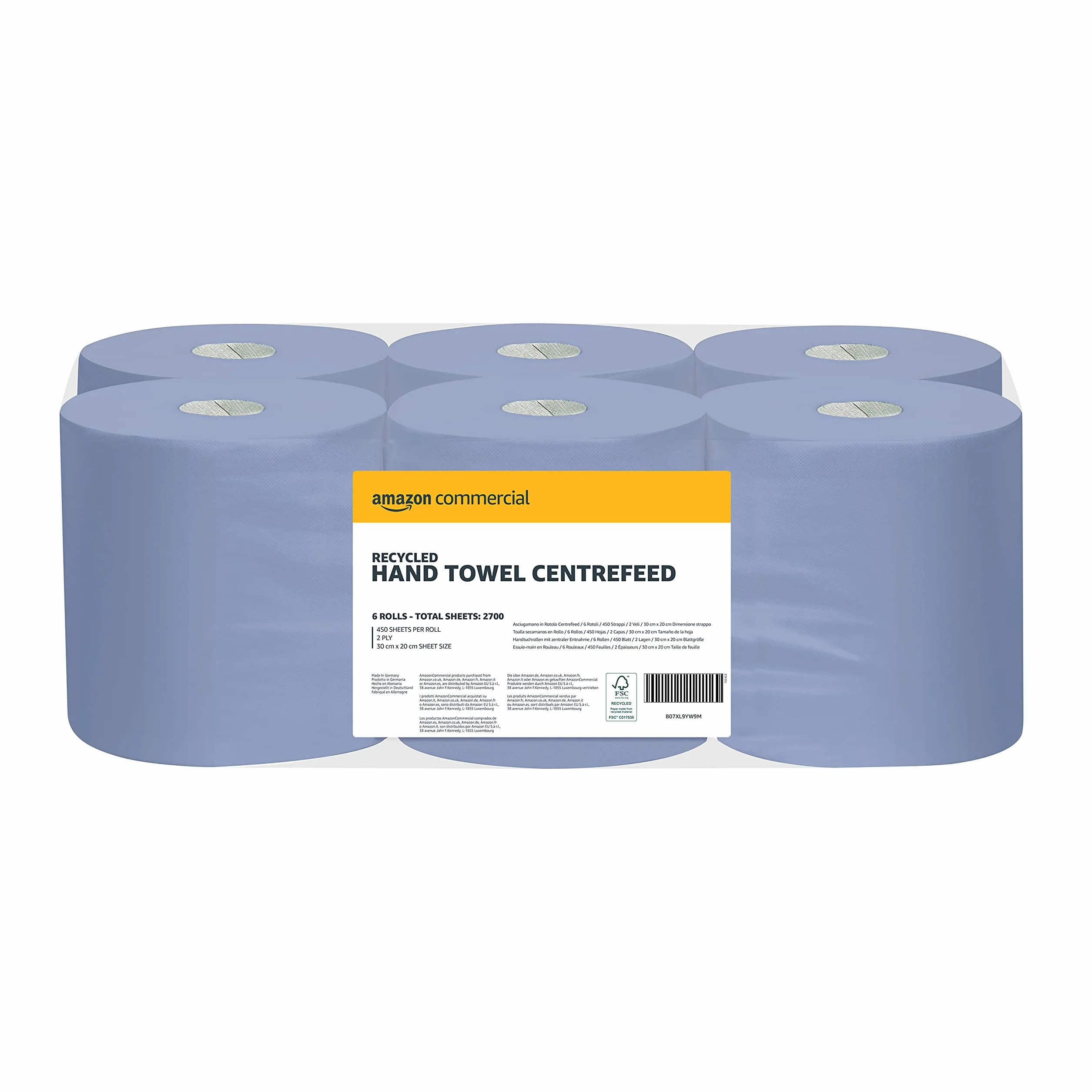 AmazonCommercial Asciugamani di Carta Centrefeed 2 Veli Riciclata 6 Rotoli 450 Fogli 20x30 cm