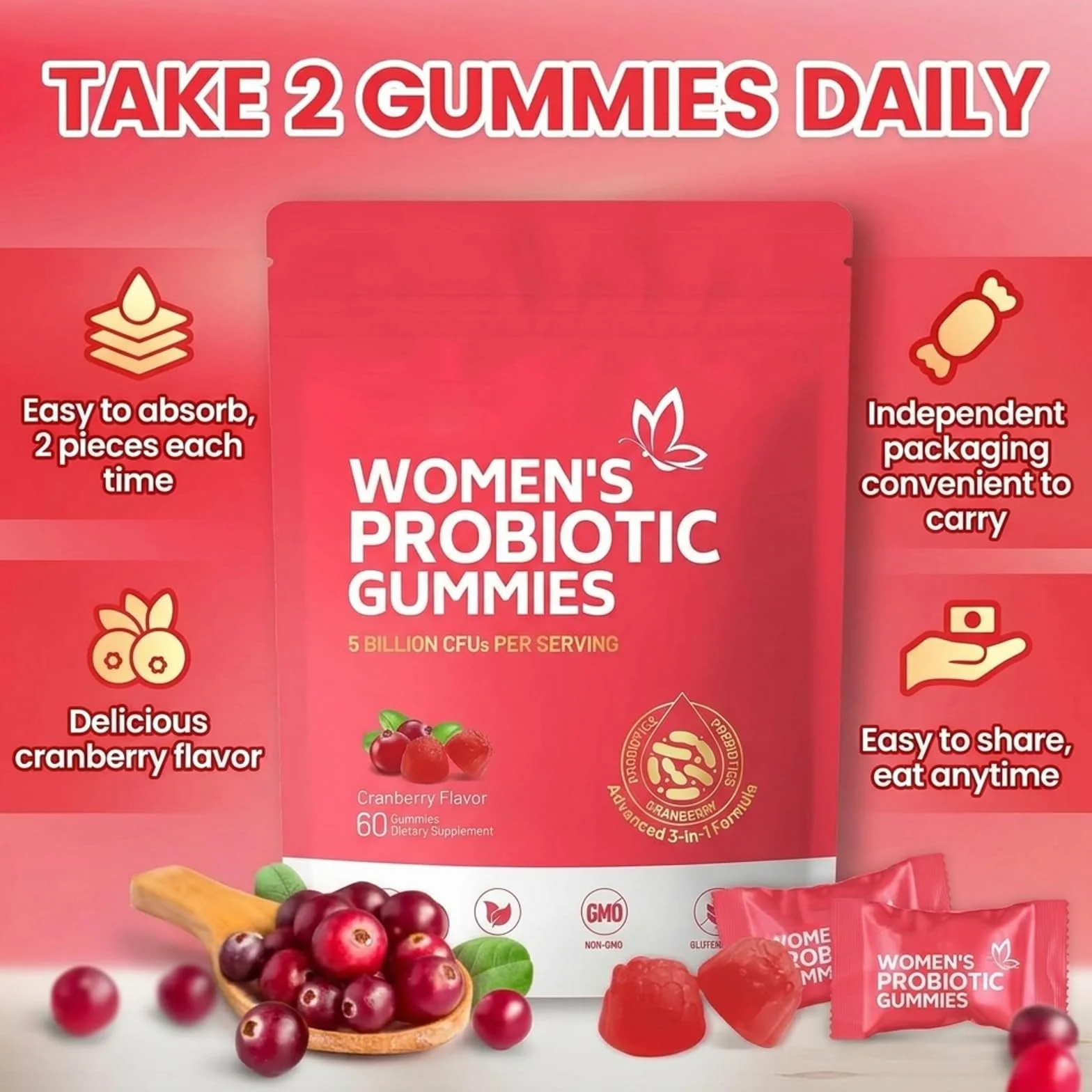 Gommose Probiotiche per Donne, Probiotici Donna, Women Probiotic Gummies, Bilanciamento pH, Lievito, Salute Immunitaria