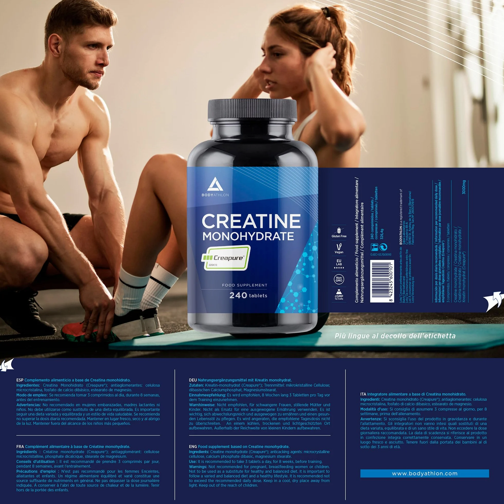 Creatina Creapure® Monoidrata 240 compresse 3000mg per dose Solubile in acqua Vegan