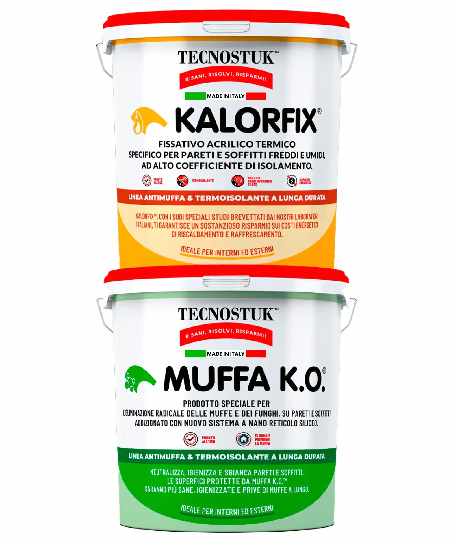 Tecnostuk Muffa K.O. Fondo Antimuffa Sbiancante Eurocali 1L + Kalorfix Fissativo Isolante Termico 1L Made in Italy