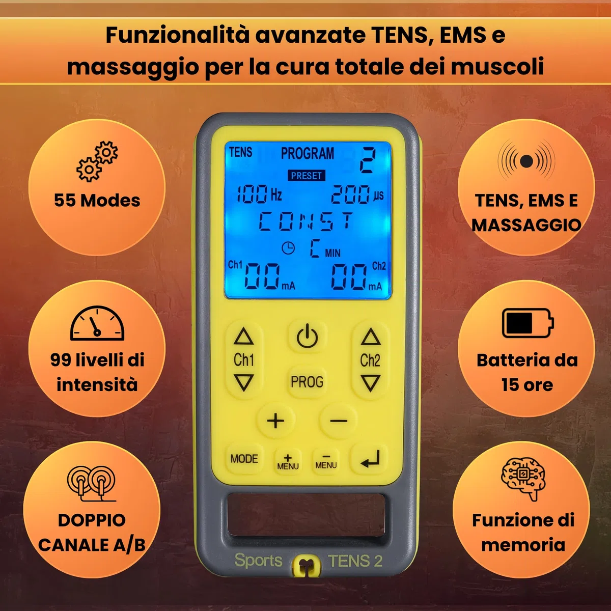 Tenscare Elettrostimolatore Muscolare TensCare SportsTens (EMS e TENS)- Per la Tonificazione e Il Potenziamento del Tuo Corpo, Dotato di Massaggio TENS