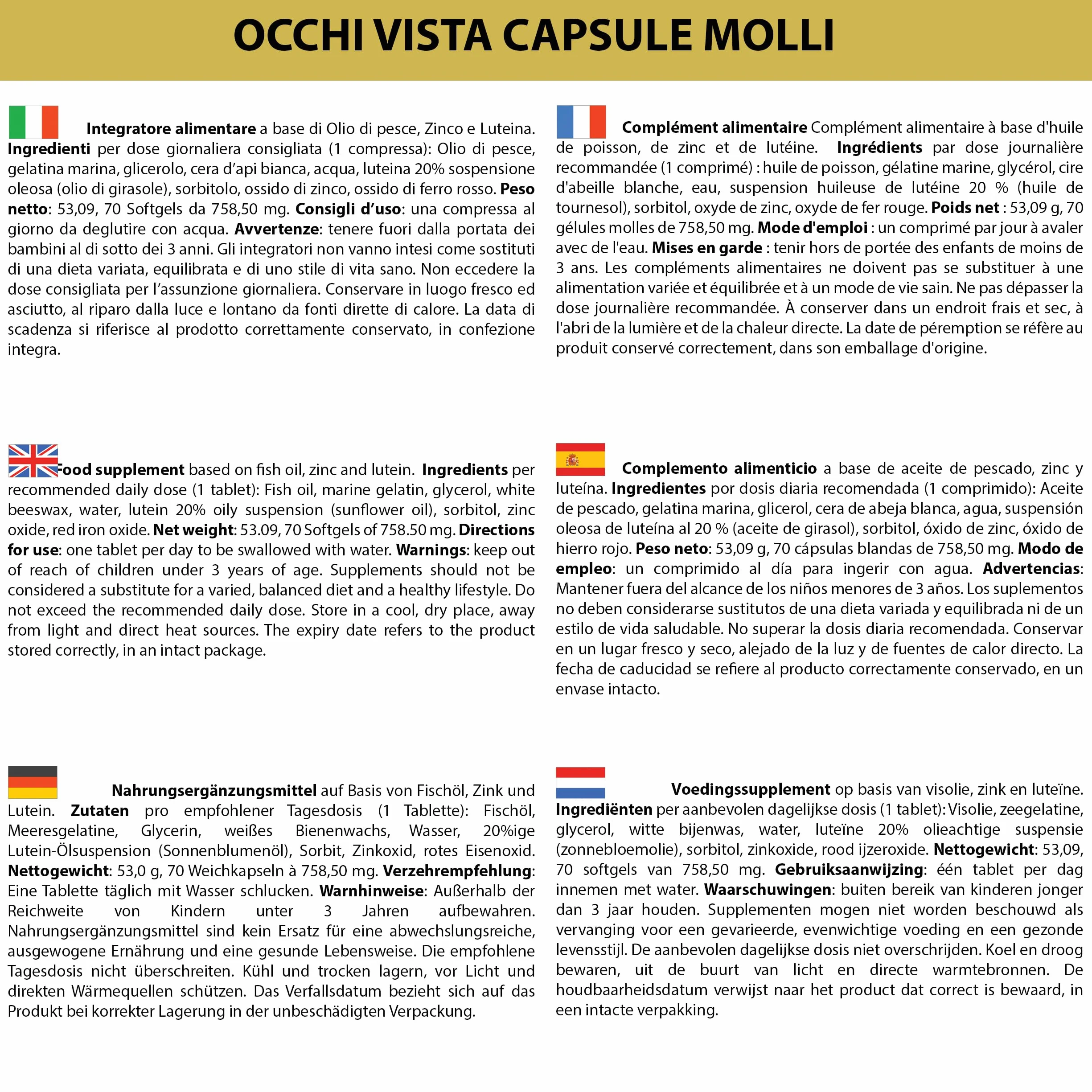 Integratore Visione Occhi Vista 70 Softgels Luteina Zinco Olio di Pesce Omega 3 DHA EPA LA BOTTEGA DEGLI INTEGRATORI