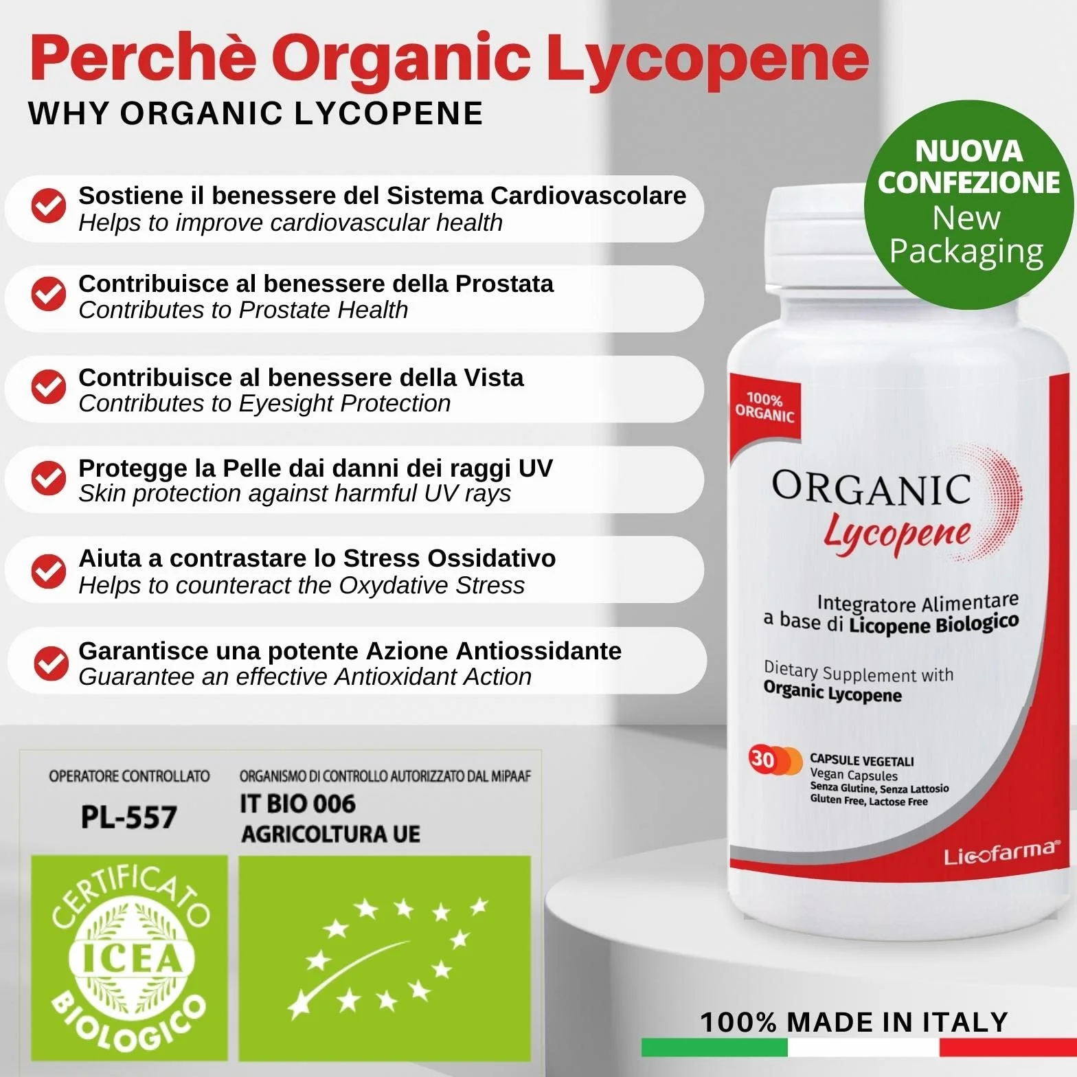 Organic Lycopene Integratore Antiossidante Licopene Biologico 30 Capsule