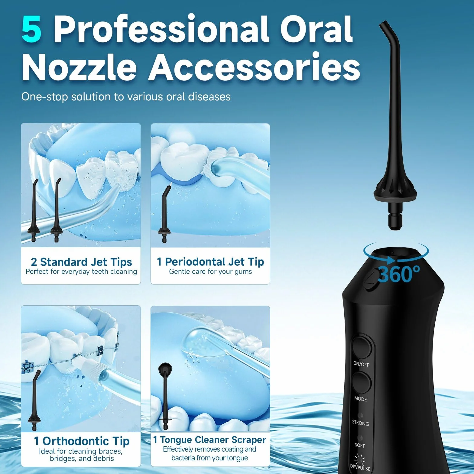 Idropulsore Dentale Portatile Irrigatore Orale Professionale Water Flosser 12 Modalità 300ML Ricaricabile Impermeabile IPX7 Nero