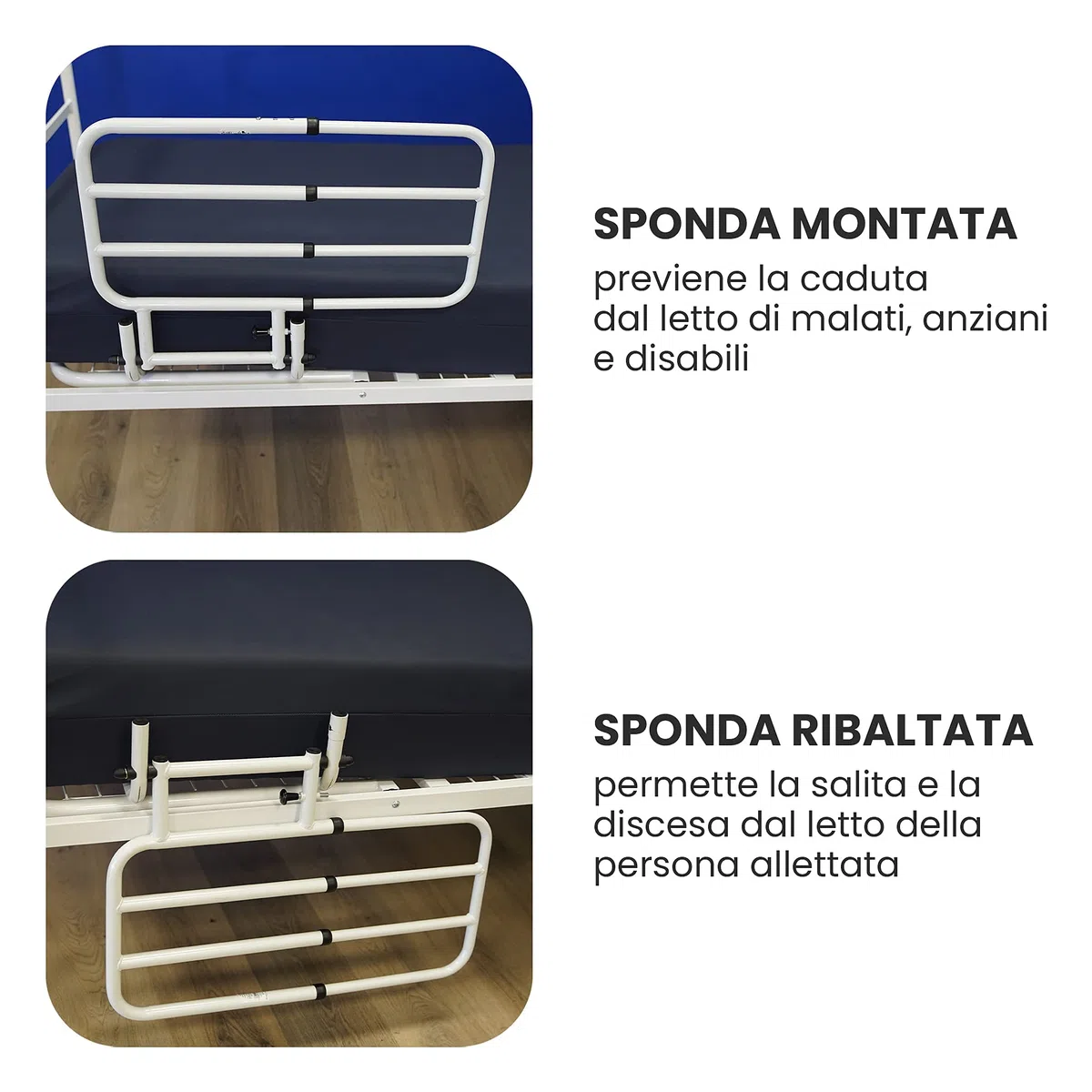Azione Salute Sponda Letto Universale Telescopica e Ribaltabile – Regolabile in Larghezza con Struttura in Acciaio Verniciato Bianco – Ideale per Letti da Degenza di Anziani e Disabili