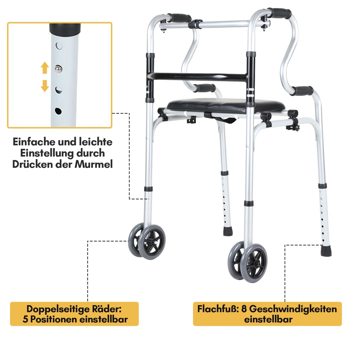 Deambulatore pieghevole 2 ruote girevoli, supporto camminare, regolabile altezza, alluminio, antiscivolo, stabile, fino a 180 kg, argento