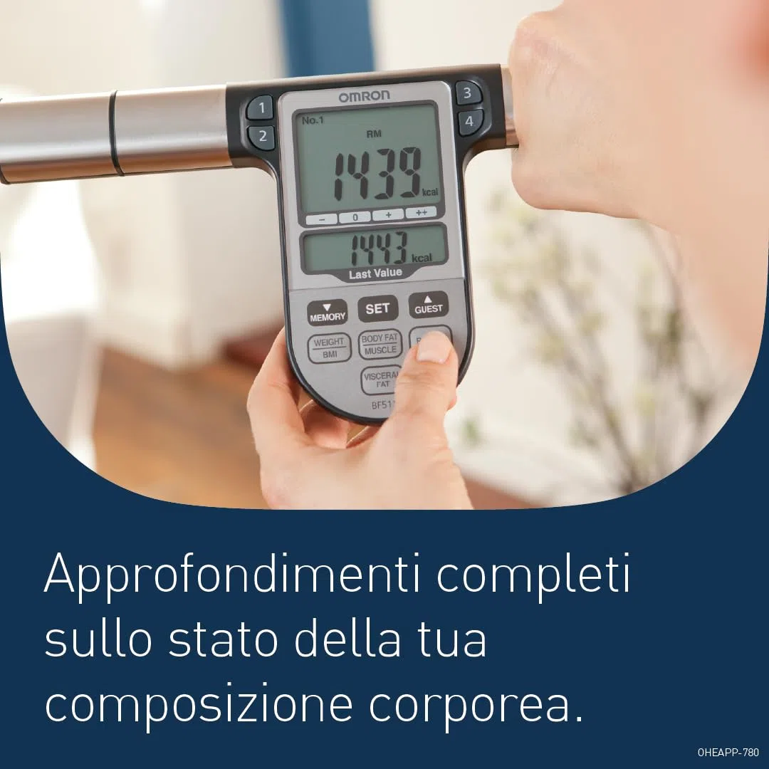 OMRON BF511 Analizzatore di composizione corporea clinicamente validato con 8 sensori ad alta precisione per misurare il corpo. Bilancia pesapersone digitale e di precisione.