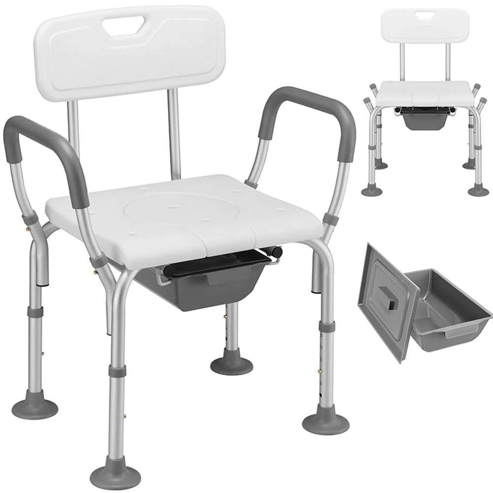 BAKAJI Sedia Sgabello WC da Bagno Doccia in Alluminio per Anziani, Disabili e Persone Mobilità Ridotta, Seduta Ergonomica e Maniglie di Ausilio, Secchio Coperchio Rimovibile Altezza Regolabile 73–85cm