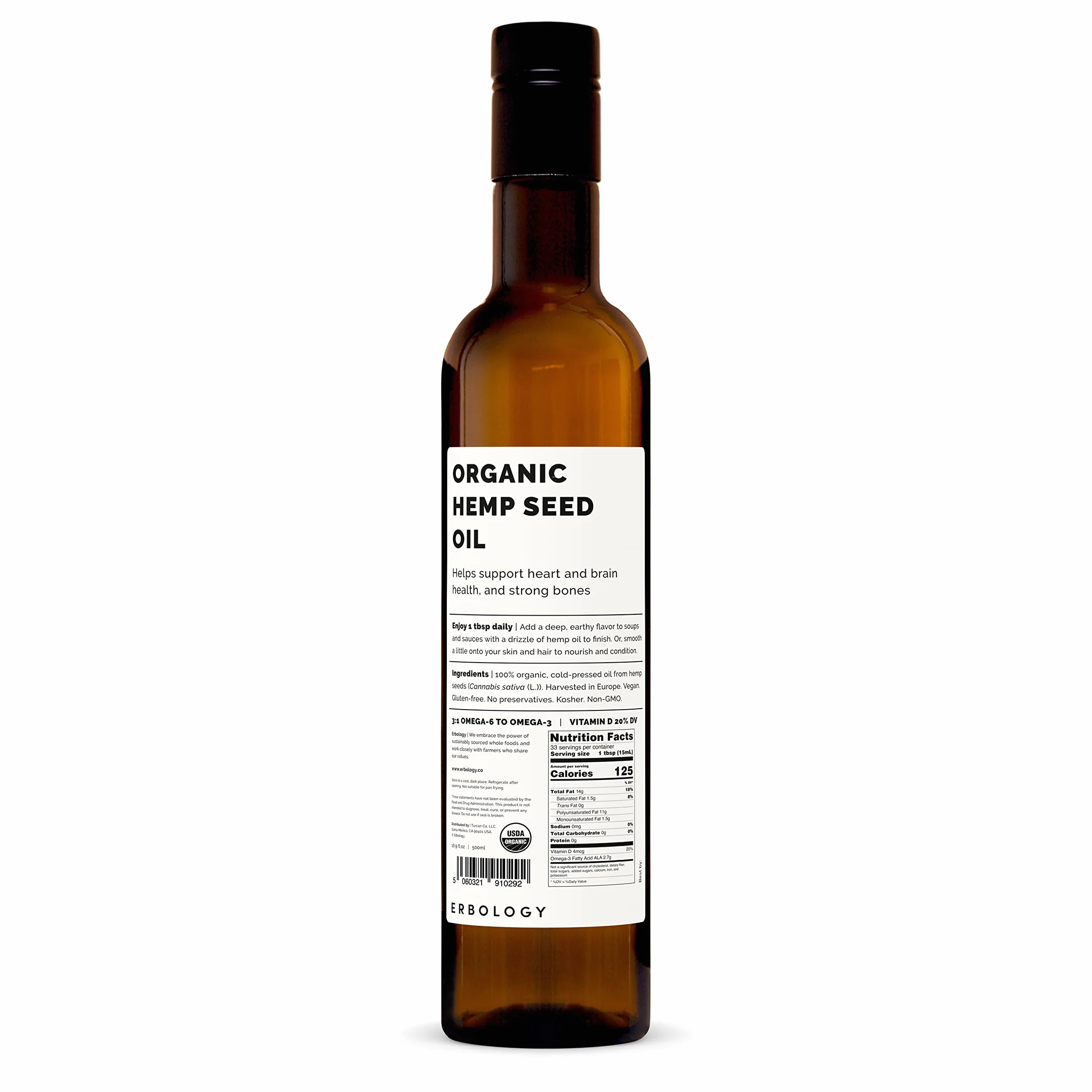 Erbology Olio di Semi di Canapa Bio 500ml - Spremuto a Freddo - Ricco di Omega-3 - Fonte di Vitamine D ed E