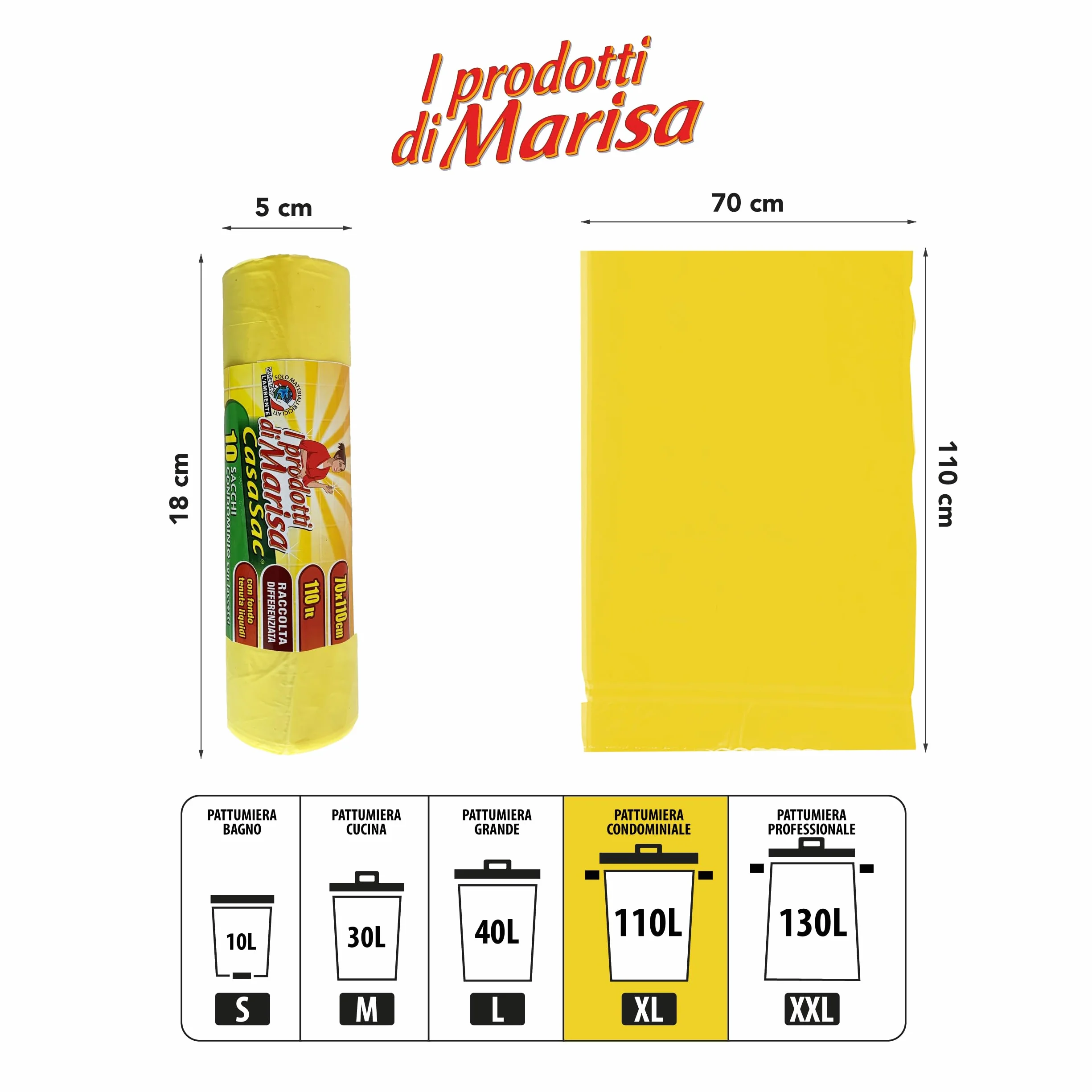 Sacchetti Spazzatura 110L 70x110 cm Antiforo 60 Pz 6 Rotoli Giallo