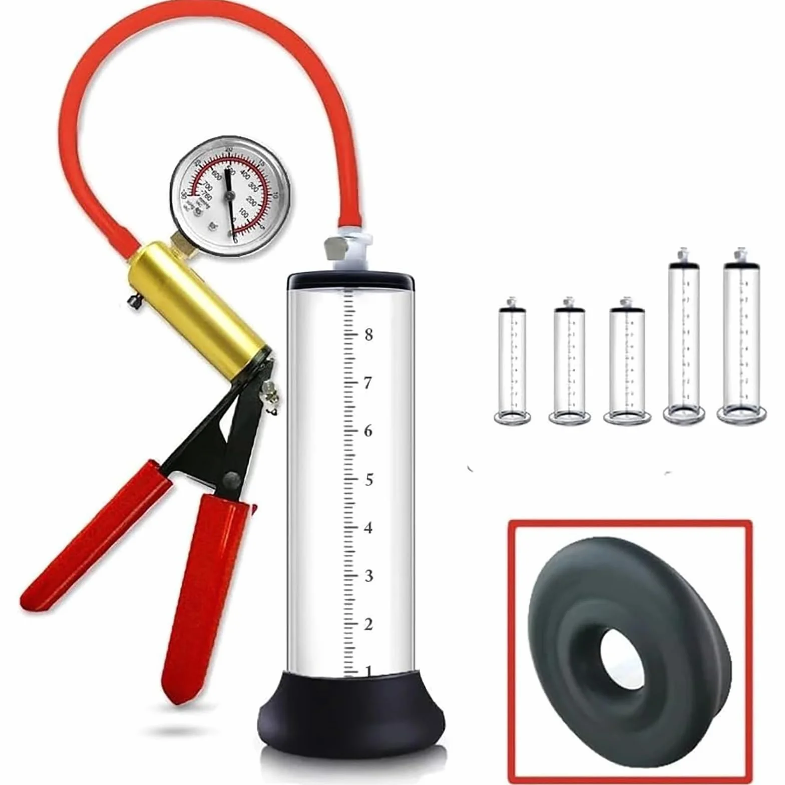 Pompa for pene con manometro a vuoto, manico rosso, pompa manuale for pene uomo, ingrandimento, ingrandimento del con 12 misure for uomo(9 * 2.25in/23 * 5.7cm)