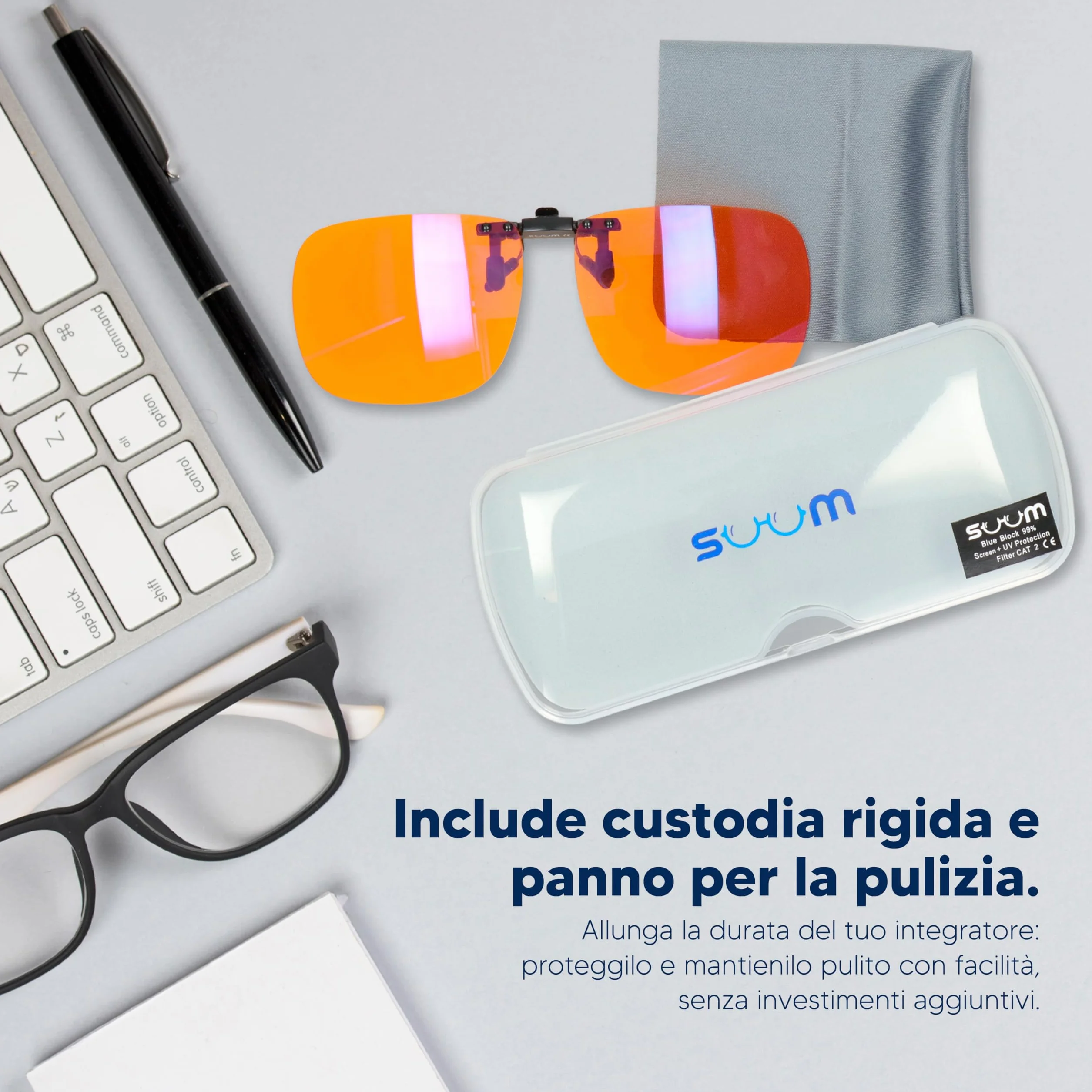 SUUM Clip-On con Morsetto Ribaltabile Filtro Luce Blu per Occhiali da Vista Lenti Arancioni Antiaffaticamento per Schermi Lettura Gaming Lavoro