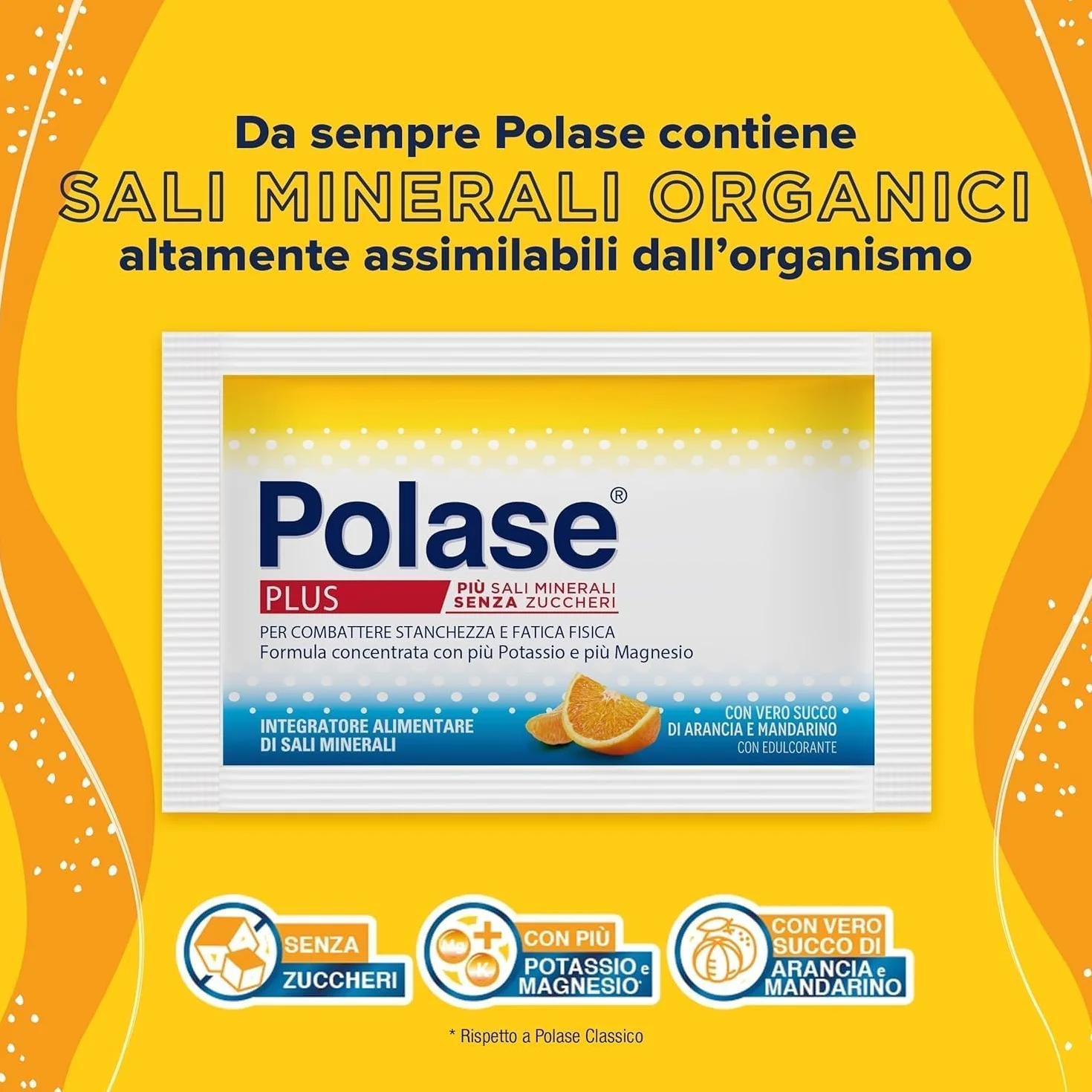 Polase Plus Magnesio e Potassio Integratore Alimentare Sali Minerali Stanchezza Fatica Caldo Gusto Arancia Mandarino 48 Bustine