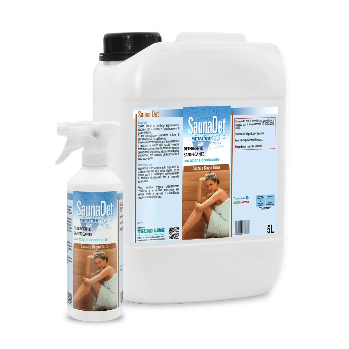 Metacril SaunaDet con Flacone Vaporizzatore, Detergente e Sanificante con Azione Deodorante, a Base di Estratti Vegetali e PH Neutro, per Saune in Legno - 5L