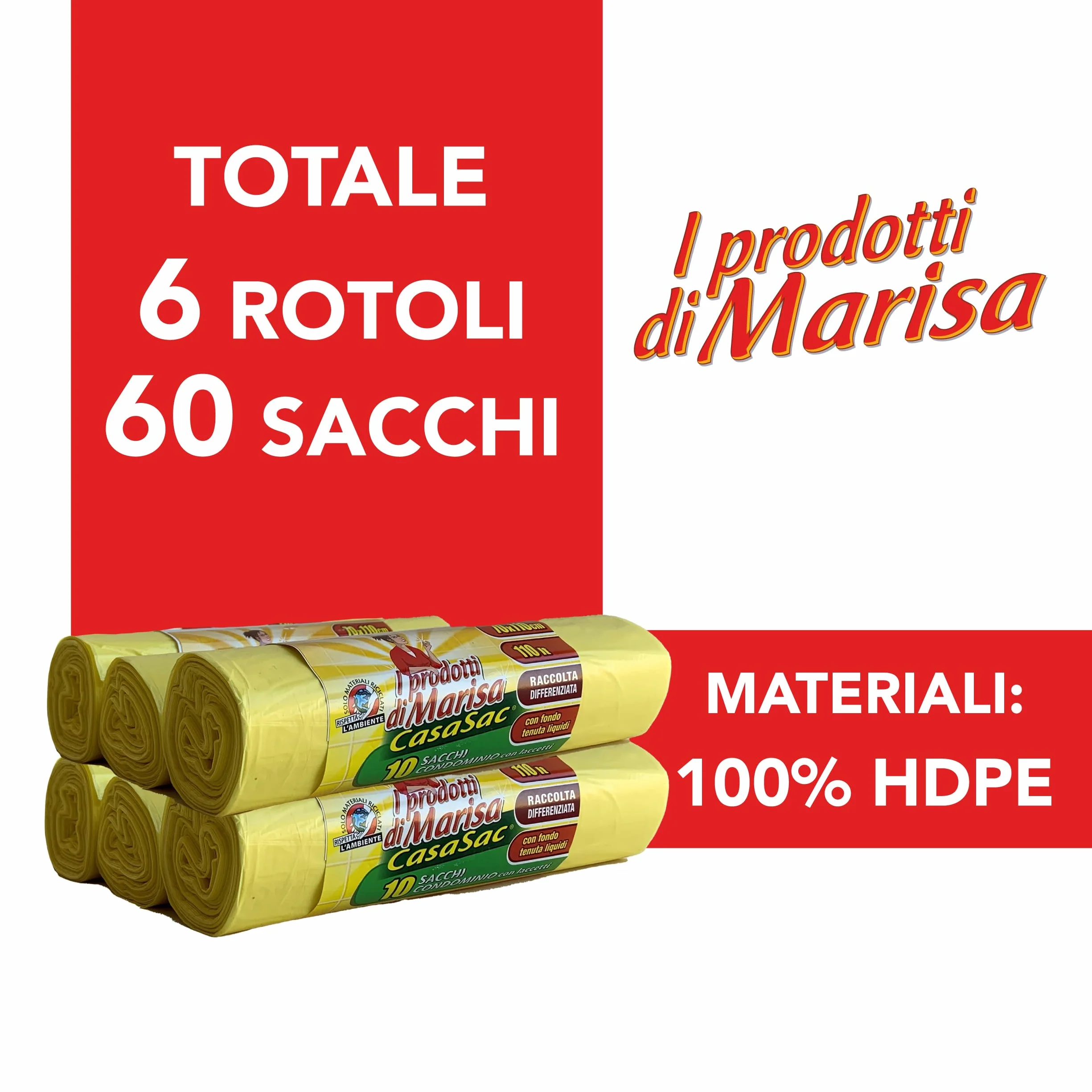Sacchetti Spazzatura 110L 70x110 cm Antiforo 60 Pz 6 Rotoli Giallo