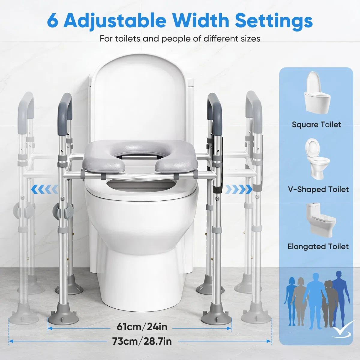 Rialzo WC per Anziani, Alzata per WC con Altezza e Larghezza Regolabili, Alza Water x Anziani con Braccioli per Anziani, Seduta Imbottita e Telaio in Alluminio, Adatto a Qualsiasi WC, Portata 150 kg