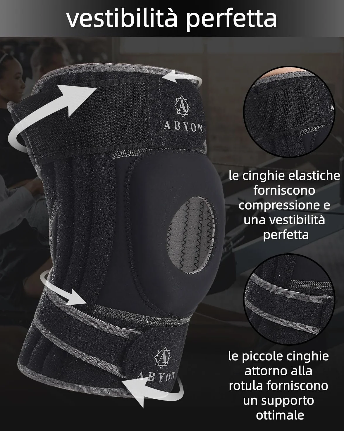 ABYON ELITE Ginocchiera Regolabile Antiscivolo con Stabilizzatori Laterali per Dolore Artrite LCA Menisco